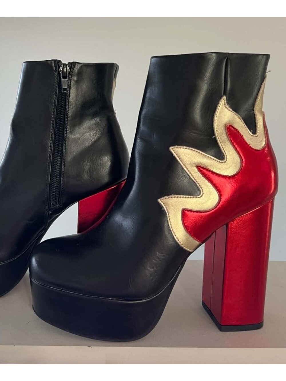 Faux leather black, metallic flame platform ankle boots, 6.5